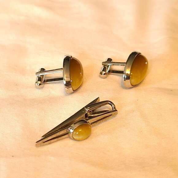Vintage P.m.P. Cufflinks Tie Tack Clip Polished Stone Men's Accessories Set - Picture 7 of 9
